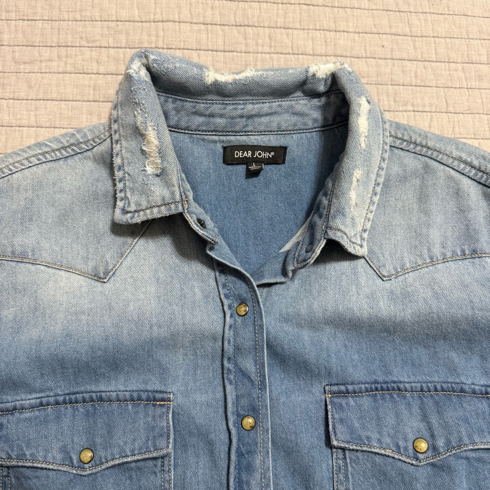 Dear John Denim Western Chambray Denim Distressed Shirt Blue Size Large - Picture 2 of 9